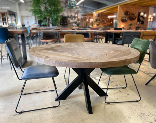 table_ronde_plateau_teck_pied_central_metal